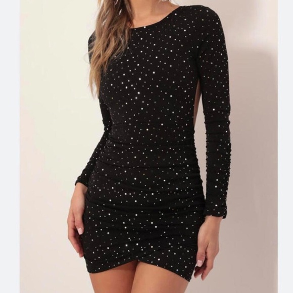 LUCY IN THE SKY black twinkle sequin open back mini dress - Picture 1 of 9